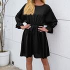 Long-sleeve Drawstring Ruffle-trim Mini A-line Dress