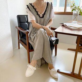 Lace-trim Long Vest Dress Melange Gray - One Size