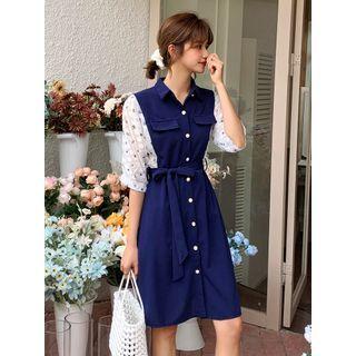 Two-tone Panel Short-sleeve Tie-waist A-line Shirtdress