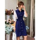 Two-tone Panel Short-sleeve Tie-waist A-line Shirtdress
