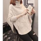 Turtle-neck A-line Cable-knit Top Beige - One Size