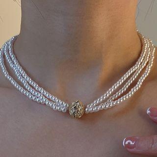 Magnetic Alloy Rhinestone Layered Faux Pearl Choker White - One Size