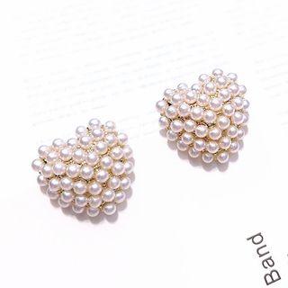 Faux Pearl Heart Earring S925 Silver Needle - As Shown In Figure - One Size