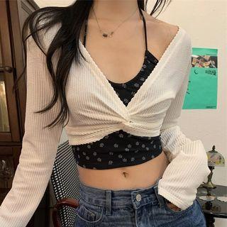 Long-sleeve Twist Crop Top / Floral Camisole Top