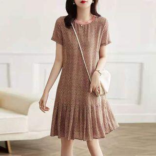 Short-sleeve Retro Print Pleated Smock Dress