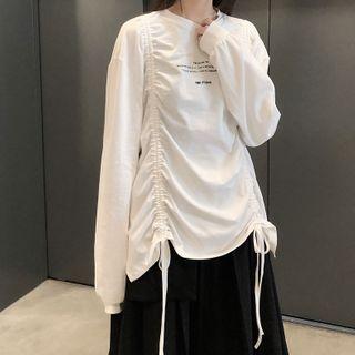 Lettering Drawstring Long-sleeve T-shirt / Midi A-line Skirt