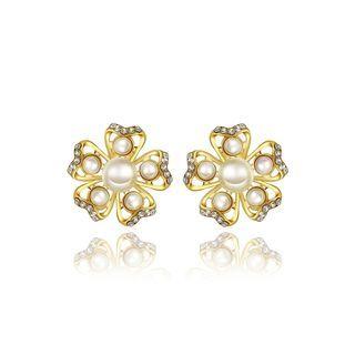 Elegant Romantic Sweet Gold Plated Flower Non Natural Pearl Earrings Ear Studs Golden - One Size