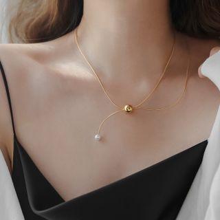 Bead Faux Pearl Necklace White Faux Pearl - Gold - One Size