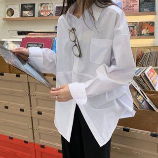 Long-sleeve Polo Collar Plain Shirt White - Shirt - One Size
