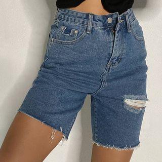 Distressed Washed Straight-leg Denim Shorts