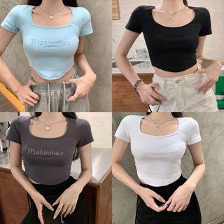 Short-sleeve Embroidered Slim-fit Cropped Top
