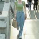Short-sleeve Knit Top / High Waist Loose Fit Jeans