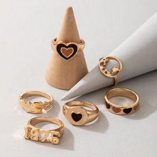 Set Of 6: Heart Ring + Alloy Ring 20062 - Gold - One Size