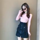 Cold-shoulder Long-sleeve T-shirt / Zip Detail Mini A-line Skirt