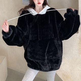 Two Tone Velvet Hoodie Black - One Size