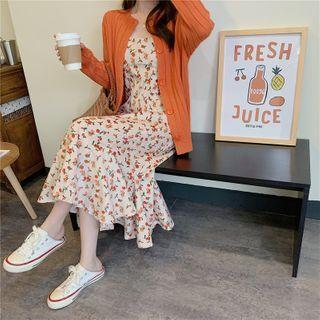 Plain Cardigan / Flower Print Spaghetti Strap Midi A-line Dress