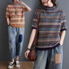 Elbow-sleeve Mock-neck Patterned Knit Top