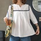 Embroidered Split Neck 3/4 Sleeve Top