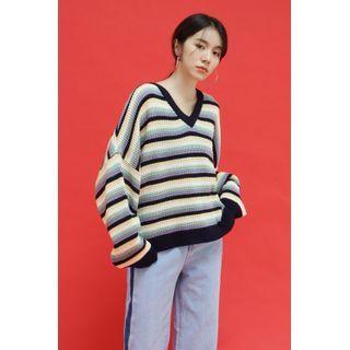 V-neck Oversized Stripe Knit Top Navy Blue - One Size
