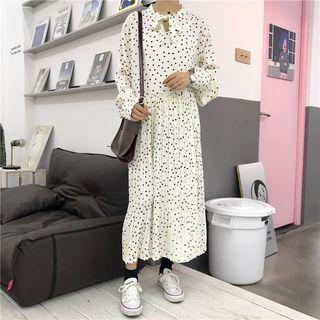 Tie-neck Dotted Long-sleeve Midi Dress