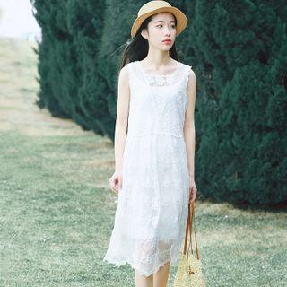 Lace Embroidered Sleeveless Square-neck Dress White - One Size