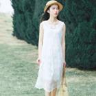 Lace Embroidered Sleeveless Square-neck Dress White - One Size