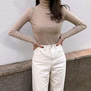 Turtle-neck Ribbed Slim-fit T-shirt