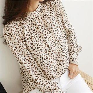 Mock-neck Shirred Leopard Chiffon Blouse Ivory - One Size