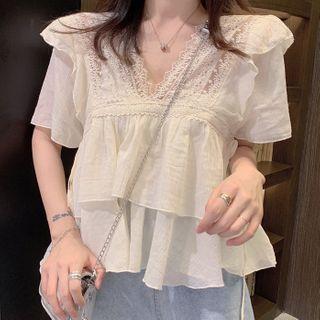 Lace Panel Short-sleeve Top As Shown In Figure - One Size