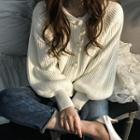 Balloon-sleeve Faux-pearl Rib-knit Cardigan