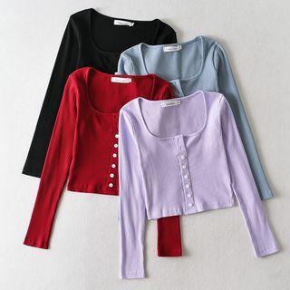 Buttoned Long-sleeve Ribbed Top