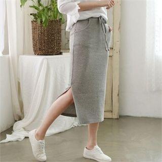 Drawstring-waist Ribbed Long Pencil Skirt