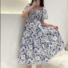 Short-sleeve Square-neck Flower Print Dress White - One Size