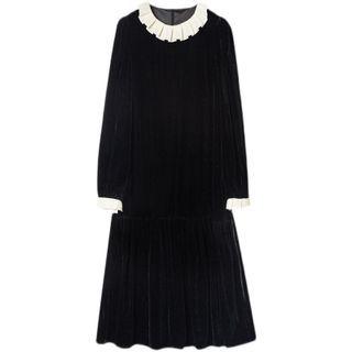 Long-sleeve Ruffle Trim Velvet Maxi Dress