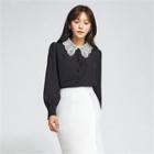 Crochet-collar Blouse Black - One Size