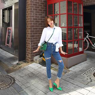 Asymmetric-waist Distressed Skinny Jeans
