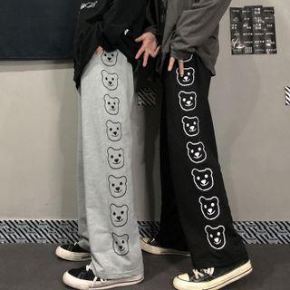 Bear Print Side Wide Leg Pants