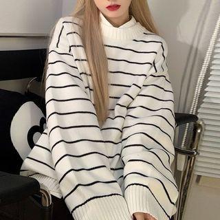 Round Neck Striped Sweater White - One Size