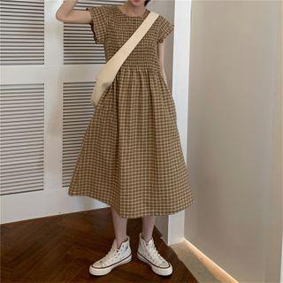 Cap-sleeve Plaid A-line Dress As Shown In Figure - One Size