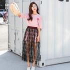 Set: Short-sleeve Printed Long T-shirt + Lace Skirt