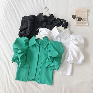 Plain Collared Puff-sleeve Crop Top