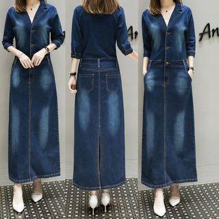 3/4-sleeve Maxi Denim Shirt Dress