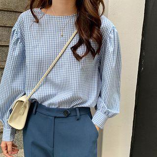 Gingham Lantern-sleeve Blouse