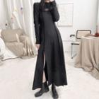 Long-sleeve Plain Mock-neck Midi Dress Black - One Size