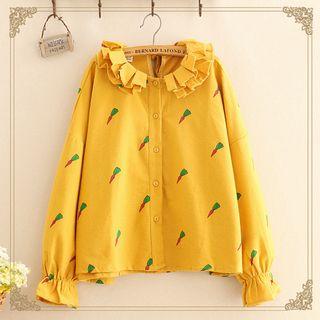 Carrot Print Frill Trim Shirt As Shown In Figure - One Size