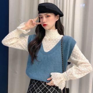 Long-sleeve Mock-neck Lace Top / Sweater Vest