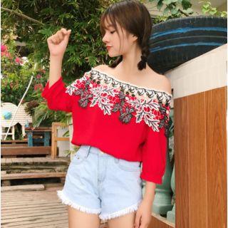 Lace Panel Off-shoulder 3/4-sleeve Blouse