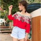 Lace Panel Off-shoulder 3/4-sleeve Blouse