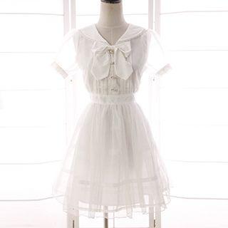 Bow Accent Rabbit Ear Short Sleeve Mesh Dress