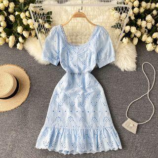 Puff-sleeve Cutout Ruffle Dress